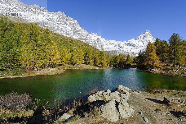 Matterhorn  4478 m  über dem Blauen See bei Breuil-Cervinia  Val Tournenche  Aostatal  Piemont  Italien  Europa