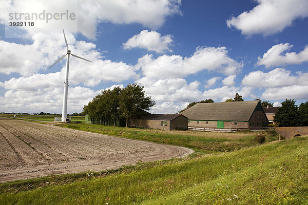 Nordholländisches Bauernhaus mit Windrad zur Energieversorgung  ländliches Alkmaar  Niederlande  Europa
