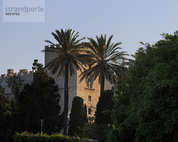 Teil des Großmeisterpalastes mit Palmen im Abendlicht  Stadt Rhodos  Rhodos  Griechenland  Europa