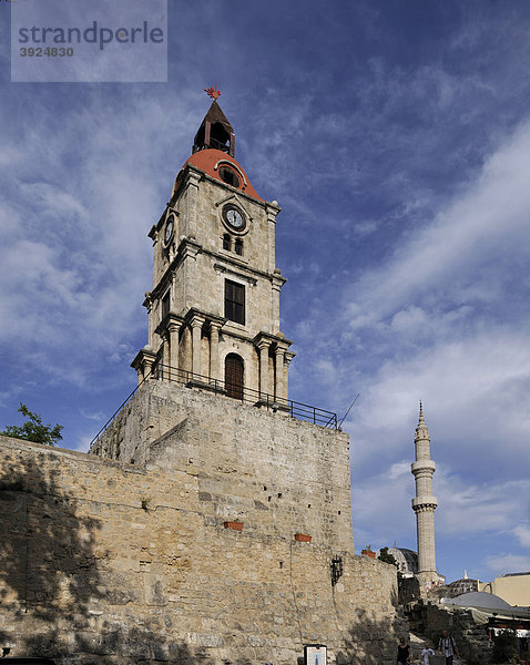 Uhrturm und Suleyman Moschee  Rhodos Stadt  Rhodos  Griechenland  Europa