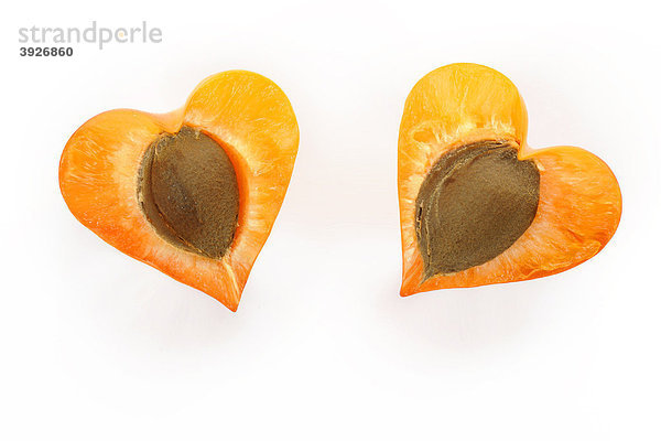 Aprikosen  Marillen mit Stein (Prunus armeniaca) in Herzform