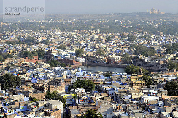Blick auf Jodhpur  Die Blaue Stadt  hinten der Umaid Bhawan Palast  Rajasthan  Nordindien  Indien  Südasien  Asien
