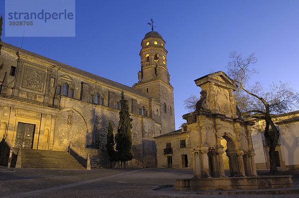 Santa MarÌa Brunnen und Kathedrale  16. Jahrhundert  auf dem Santa Maria Platz am Abend  Baeza  Jaen Provinz  Andalusien  Spanien  Europa