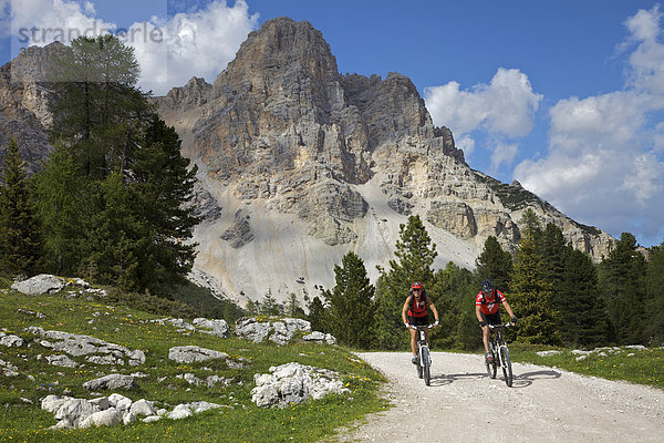 Mountainbike-Fahrerin und Fahrer bei Auffahrt zu der Fanes-Hütte  Trentino  Südtirol  Italien  Europa