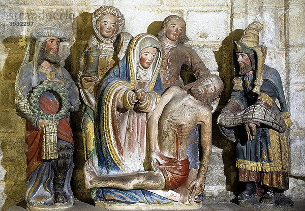 Grablegung Christi  geschnitzte Skulpturengruppe  Kirche St. Roman  Locronan  FinistÈre  Bretagne  Frankreich  Europa