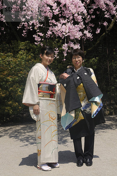 Shintoistische Kindstaufe in traditionellen Kleidern im Kamigamo Schrein in Kyoto  Japan  Ostasien  Asien