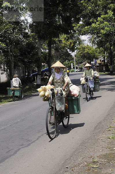 Straßenhändlerinnen  die per Fahrrad Krupuk  Krabbenchips  verkaufen  Yogjakarta  Java  Indonesien  Südostasien
