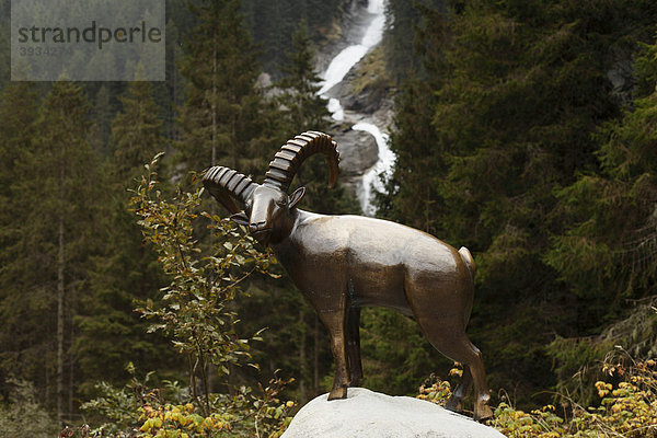 Bronzerne Steinbock-Skulptur vor Krimmler Wasserfälle  Nationalpark Hohe Tauern  Krimml  Pinzgau  Salzburger Land  Salzburg  Österreich  Europa