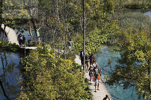 Touristen auf Holzsteg im Nationalpark Plitwitzer Seen  Plitvicer Seen  Plitvicka Jezera  Kroatien  Europa