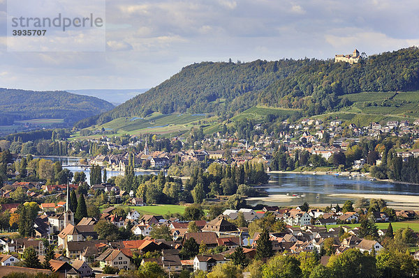 Blick über die Gemeinde Eschenz am Südufer des Rheinsees nach Stein am Rhein mit der Burg Hohenklingen  Kanton Thurgau  Schweiz  Europa