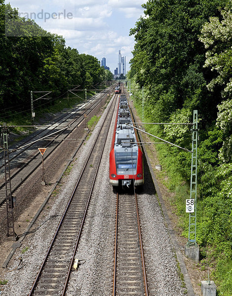 Ein Zug verlässt Frankfurt  hinten die Skyline von Frankfurt am Main  Hessen  Deutschland  Europa