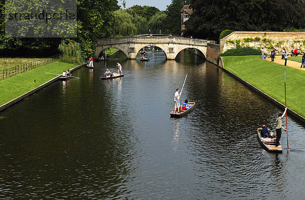 Bootsfahrt auf dem River Cam  sogenanntes Punting  mit Brücke und Park vom King's College  King's Parade  Cambridge  Cambridgeshire  England  Großbritannien  Europa