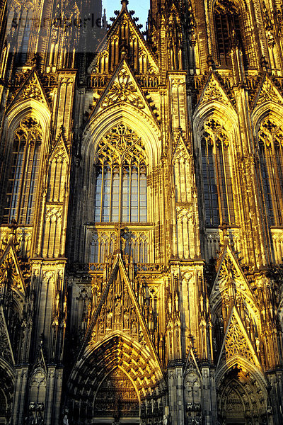 Kölner Dom im Abendlicht  Westfassade im Stil der Gotik  Domplatte  Altstadt  Köln  Nordrhein-Westfalen  Deutschland  Europa