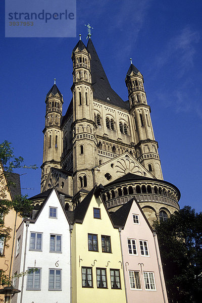 Mittelalterliche Wohnhäuser am Fischmarkt  Frankenwerft  dahinter Kirche Groß St. Martin  Altstadt  Köln  Nordrhein-Westfalen  Deutschland  Europa