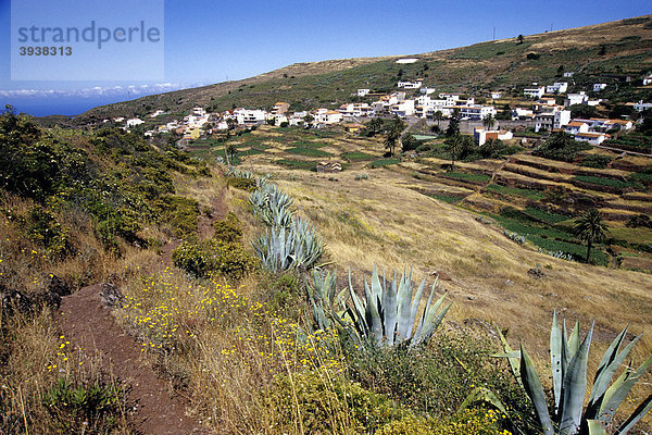 Wanderung  Wanderweg  Landschaft mit Gärten beim Dorf Arure  La Gomera  Kanarische Inseln  Spanien  Europa