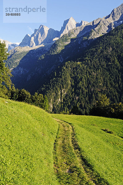 Wanderweg Via Bregaglia in Richtung Bondasca-Gruppe mit Sciora  Piz Cengalo und Piz Badile  Val Bregaglia  Tal des Bergell  Engadin  Graubünden  Schweiz  Europa