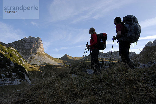 Wanderer  junge Frau und Mann gehen früh am Morgen mit Tourenrucksack und Trekkingstöcken Richtung Rosskopf  2257 m  durch das noch von Reif bedeckte Gras  Rosskopf  Rofan  Achensee  Tirol  Österreich  Europa