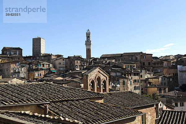 Stadtansicht mit Glocken der Kirche Santa Caterina und Turm Torre di Mangia  Siena  Toskana  Italien  Europa