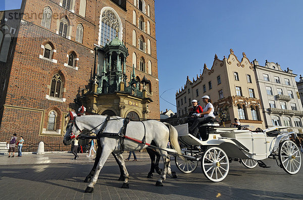 Pferdekutsche vor der Marienkirche  Kosciol Mariacki  am Hauptmarkt  Rynek Glowny  Krakau  Polen  Europa