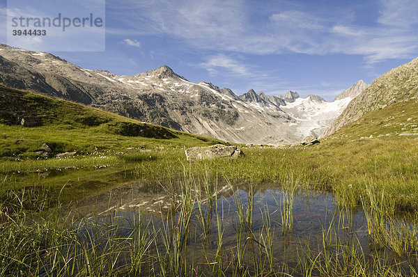 Kleiner Bergsee neben Oberaarsee  dahinter Oberaargletscher  dahinter Löffelhorn  Oberaarrothorn und Oberaarhorn  Grimselpass  Kanton Bern  Schweiz  Europa