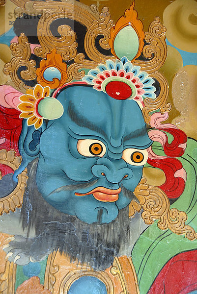 Tibetischer Buddhismus  Wandmalerei  blauer Dämon  stechender böser Blick  Xiawaer Tempel  Heiwae Dao  auf Insel im Lugu Hu See  Provinz Yunnan  Volksrepublik China  Asien