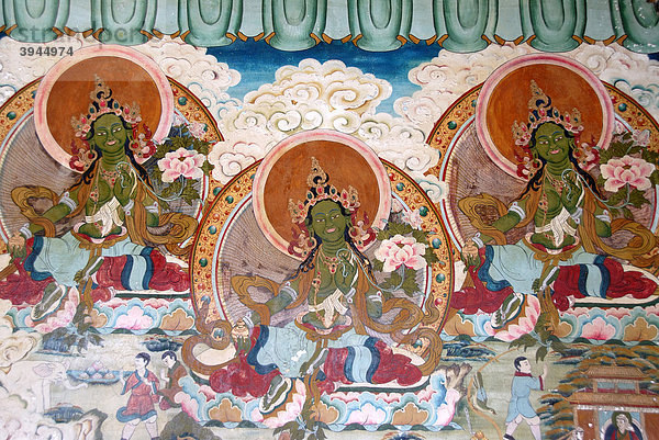 Tibetischer Buddhismus  Wandmalerei  drei Bodhisattvas  Yongning  Zhamei Tempel  Lugu Hu See Gebiet  Provinz Yunnan  Volksrepublik China  Asien