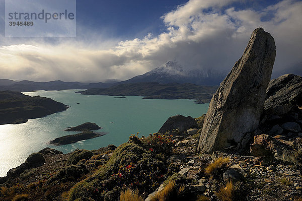Blick auf Lago Pehoe mit zwei kleinen Inseln  Patagonien  Chile  Südamerika
