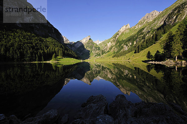 Seealpsee mitten im Alpsteingebirge mit dem Säntis hinten  Kanton Appenzell  Schweiz  Europa