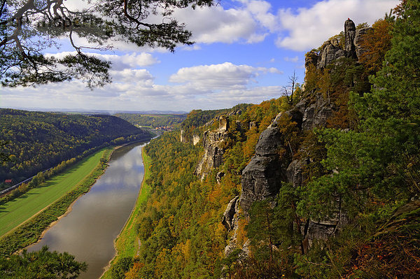 Die Bastei  Felsen im Elbsandsteingebirge über dem Fluss Elbe  Nationalpark Sächsische Schweiz im Herbst  Sachsen  Deutschland  Europa