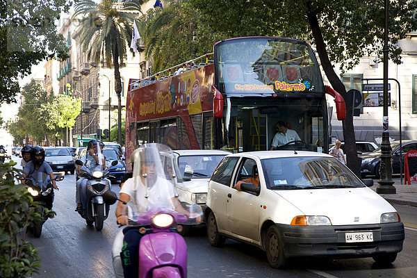 Sightseeing-Bus  Touristen-Bus  Straßenverkehr  Palmen  Palermo  Sizilien  Italien  Europa
