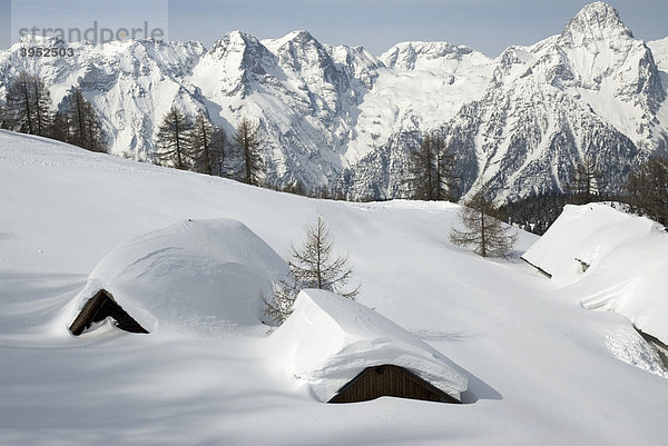 Tief verschneite Almhütte in Hinterstoder  dahinter das Tote Gebirge  Oberösterreich  Österreich