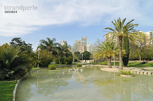 Wasser  See  Gartenarchitektur  Architektur  Bebauung  Jardines del Turia  Rio Turia  Flussbett  Stadtpark  Park  Valencia  Spanien  Europa