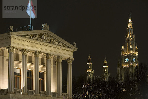 Parlamentsgebäude  Parlament und Rathaus  Nacht  Wien  Österreich  Europa