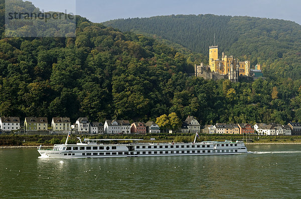 Kreuzfahrtschiff Switzerland Schweiz auf dem Rhein  hinten Schloss Stolzenfels  bei Koblenz  Rheinland-Pfalz  Deutschland