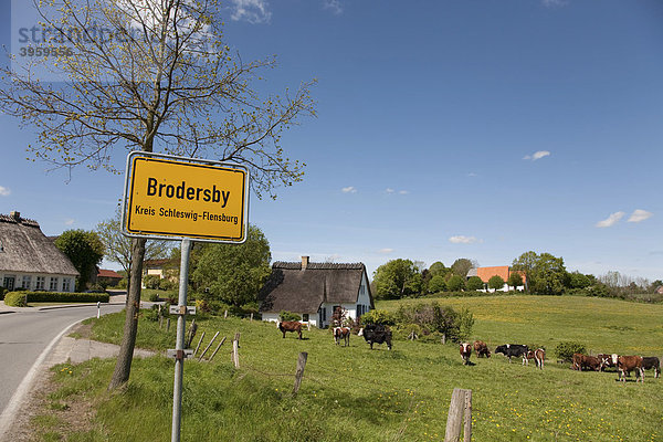 Ortsschild  Gemeinde Brodersby in der Landschaft Angeln  Östliches Hügelland  Schleswig-Holstein  Norddeutschland  Deutschland  Europa
