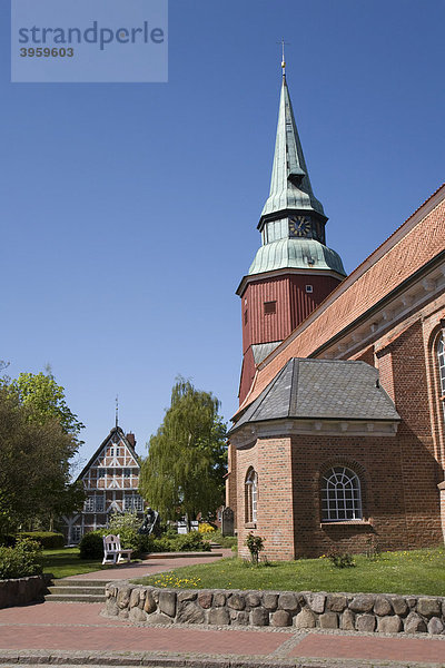 Kirche und Altländer Bauernhaus in Steinkirchen  Altes Land  Niederelbe  Niedersachsen  Norddeutschland  Deutschland  Europa