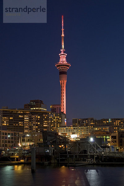 Auckland Skytower bei Nacht vom Viaduct Harbor Hafen aus  Auckland  Neuseeland