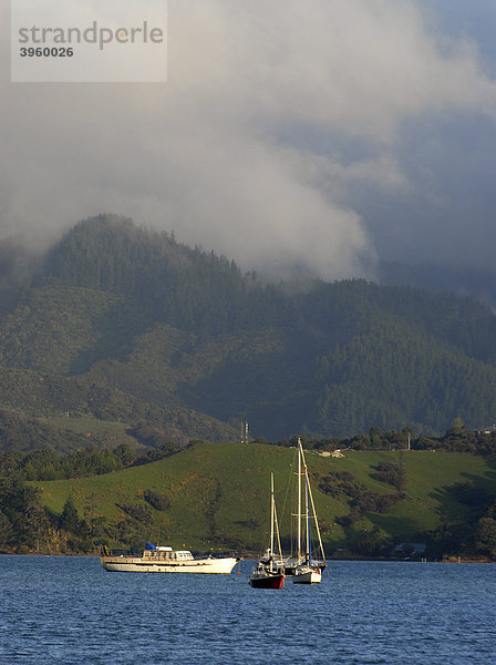 Küstenlandschaft mit Booten und Wolken im Abendlicht bei Coromandel Town  Coromandel Halbinsel  Neuseeland