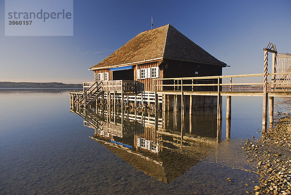 Ein Bootshaus spiegelt sich im Ammersee  in Buch  Bayern  Deutschland  Europa