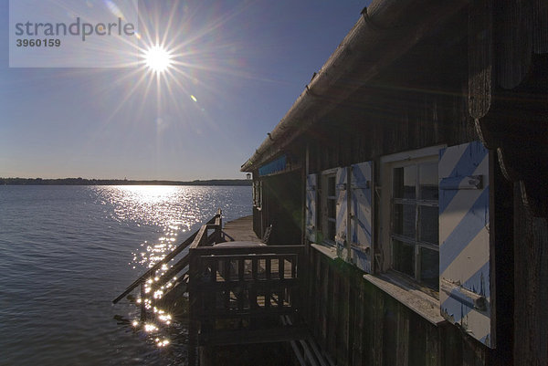 Die Sonne über einem Bootshaus am Ammersee  in der Nähe von Buch  Bayern  Deutschland  Europa