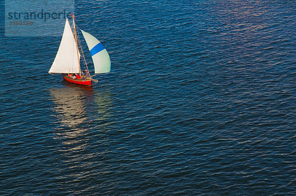 Rotes Segelschiff auf dunkelblauem Wasser