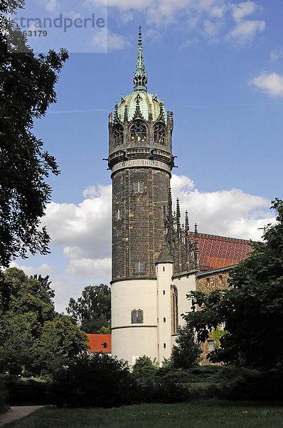 Teilansicht  Turm der Evangelischen Schlosskirche  Lutherstadt Wittenberg  Sachsen-Anhalt  Deutschland  Europa