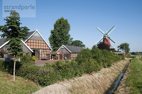 Bauernhof mit Windmühle Everdings Mühle in Groß-Mimmelage  Oldenburger Land  Niedersachsen  Deutschland