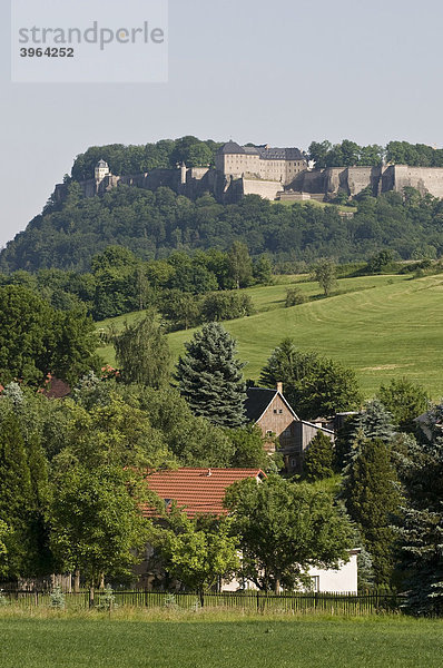 Dorf Thürmsdorf mit Festung Königstein  Sächsische Schweiz  Elbsandsteingebirge  Sachsen  Deutschland