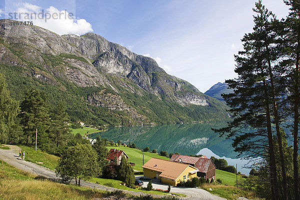 Der Ort Veslebygda am See Stryn  Strynvatnet  Norwegen  Skandinavien  Europa