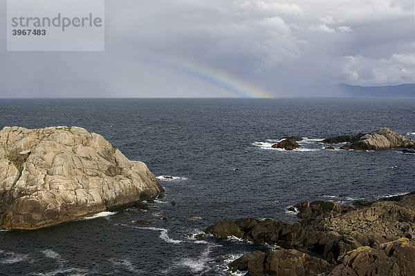 Regenbogen vor der norwegischen Küste  Klippen  Vagsoy  Norwegen  Skandinavien  Europa