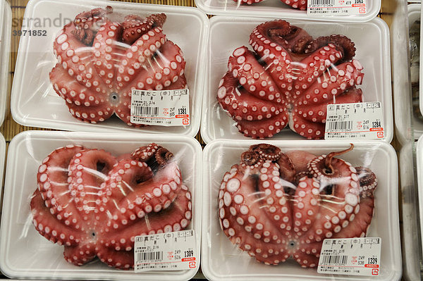 Verpackter Tintenfisch in einem Supermarkt  Tokyo  Japan