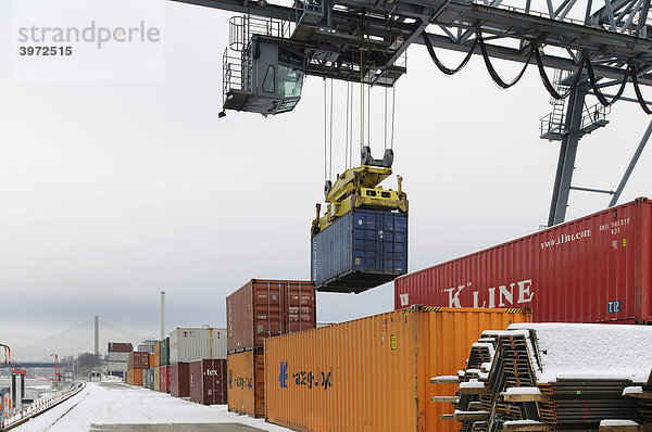 Containerumschlag Hafen Bonn  Container wird mit Containerbrücke umgesetzt  Kai voll Schnee  Containerterminal Bonn  Nordrhein-Westfalen  Deutschland  Europa