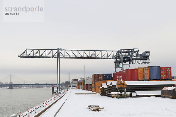 Winter im Hafen Bonn  Kai im Schnee  Blick auf Containerterminal und Containerbrücke am Rhein  Hafen Bonn  Nordrhein-Westfalen  Deutschland  Europa