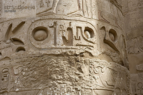 Hieroglyphen und Kartusche an einer Säule  Karnak Tempel  Luxor  Ägypten  Afrika